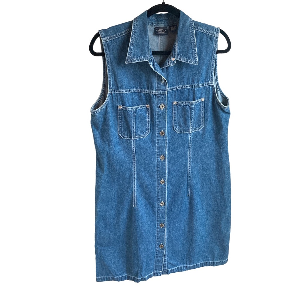 Vintage Jean Dress Y2K Blue Denim Sleeveless Overall Button Up Sonoma Large